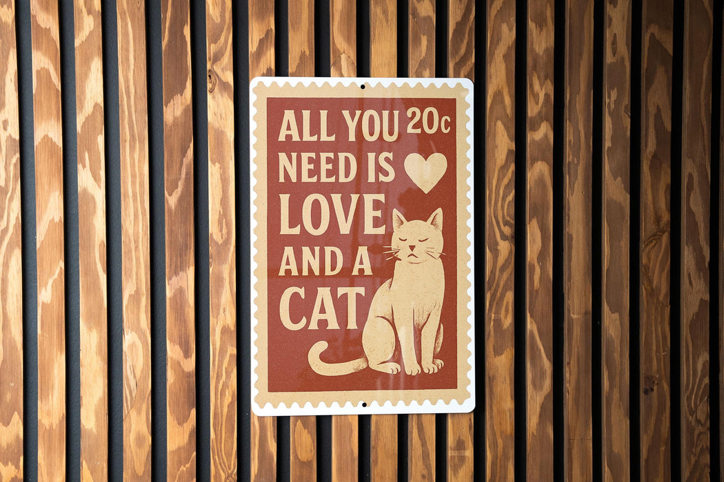 A sign with the text "ALL YOU NEED IS LOVE AND A CAT" is displayed on a wooden wall.