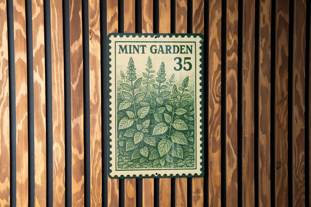 A metal sign with a mint plant illustration is mounted on a wooden wall.