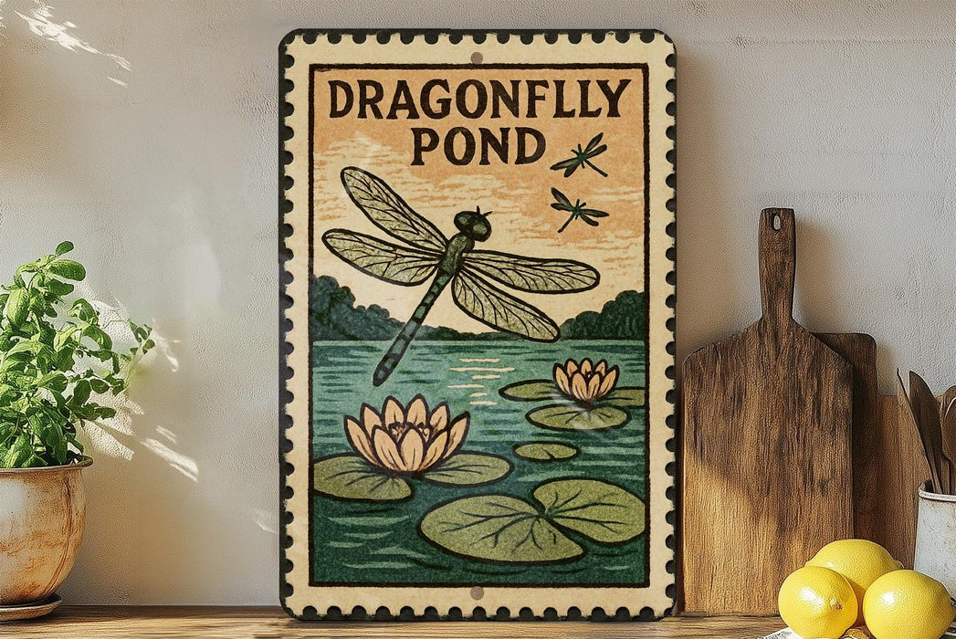 A framed illustration of a dragonfly over a pond with lily pads, accompanied by the text "DRAGONFLY POND".