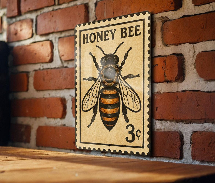 A vintage-style stamp depicting a bee, with the text "HONEY BEER" and a price of 3 cents, is displayed on a brick wall.