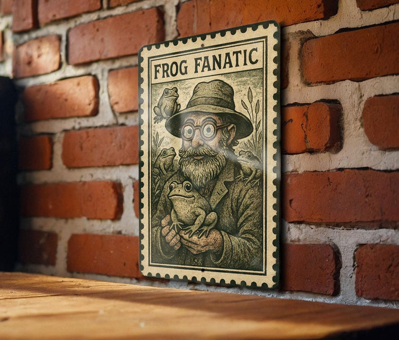 a framed illustration of a man holding a frog, with the text "Frog Fanatic" above the illustration.