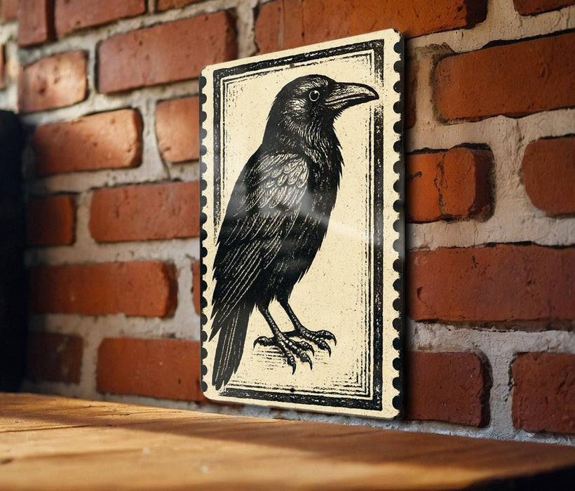 a black and white illustration of a bird, specifically a crow, mounted on a brick wall.