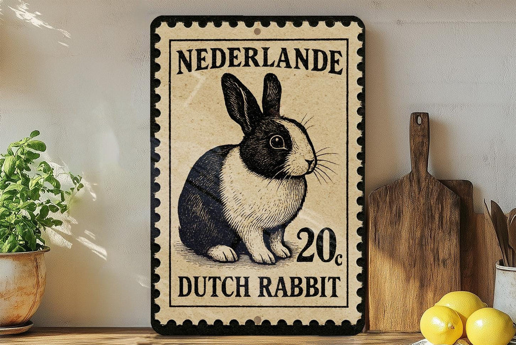 A decorative sign featuring a black and white illustration of a Dutch rabbit, with the text "Nederlande 20, Dutch Rabbit" printed on it. The sign is placed on a wooden surface, with a potted plant, a wooden cutting board, and some lemons nearby.