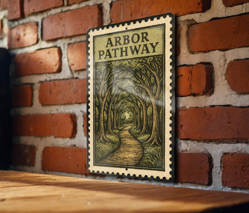 A framed illustration of a forest path, mounted on a brick wall.