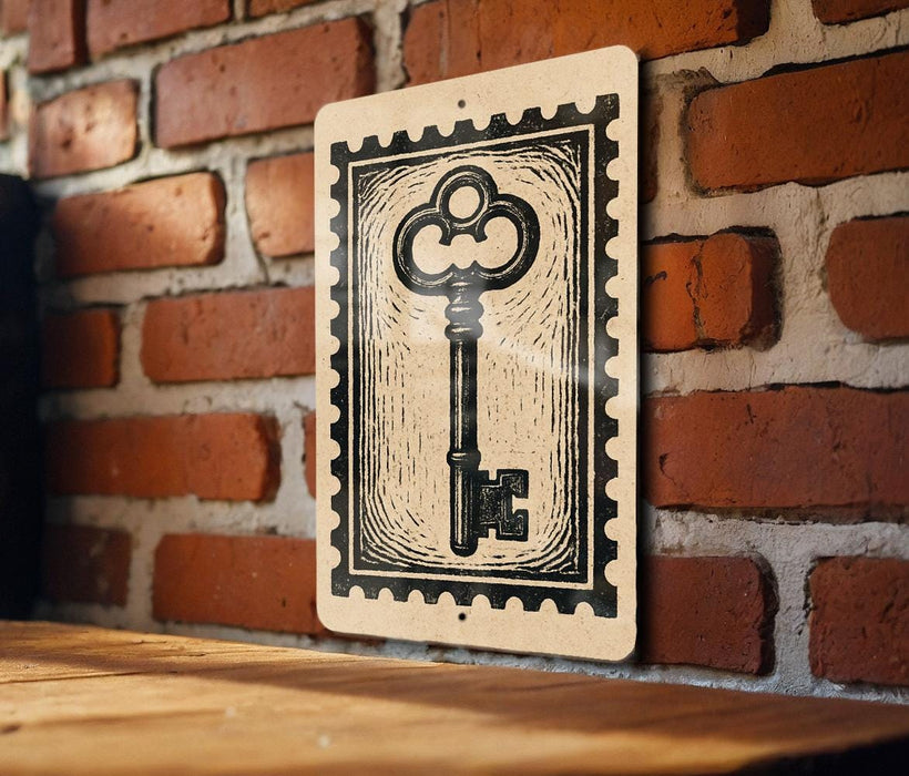 a brick wall with a wooden table in front of it. There is a key-shaped stamp or sign hanging on the wall, which appears to be a decorative piece.