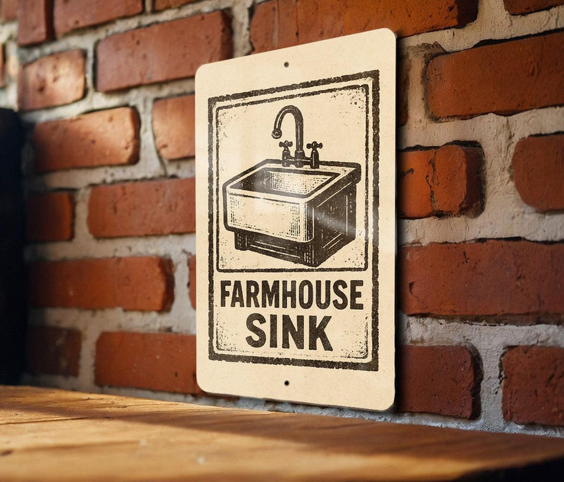 A sign with a drawing of a farmhouse sink mounted on a brick wall.
