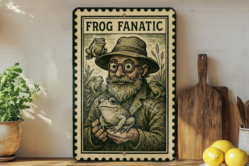 a vintage-style metal sign with a bearded man wearing a hat and glasses, holding a frog, surrounded by other frog illustrations. The sign is placed on a wooden surface, with a potted plant, a cutting board, and some lemons nearby.