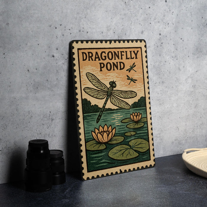 A framed illustration of a dragonfly perched on a lily pad, with a pond and water lilies in the background, is displayed on a wall.