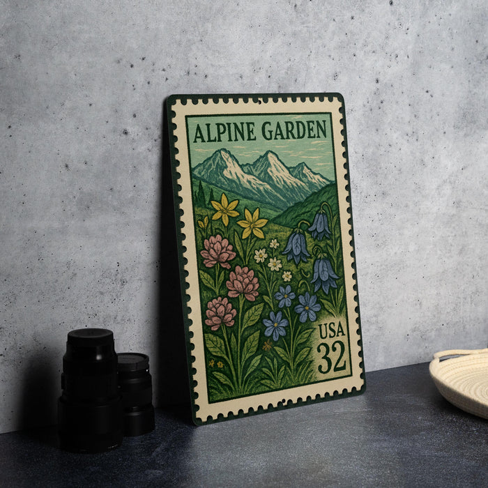 A metal postage stamp featuring a mountain landscape with flowers, placed on a table next to some black camera lenses.