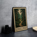 a framed print of a forest trail, with a wooden border and a green forest scene.