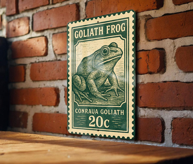 A green and white postage stamp featuring a detailed illustration of a frog, mounted on a brick wall.