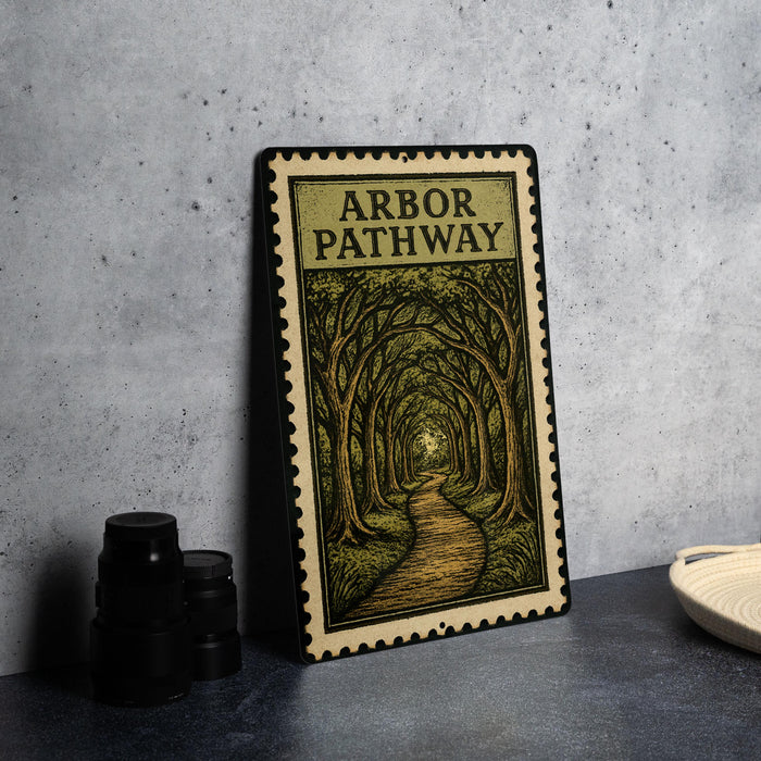 a framed illustration of a forest path, with a text label reading "ARBOR PATHWAY" on the top of the frame.
