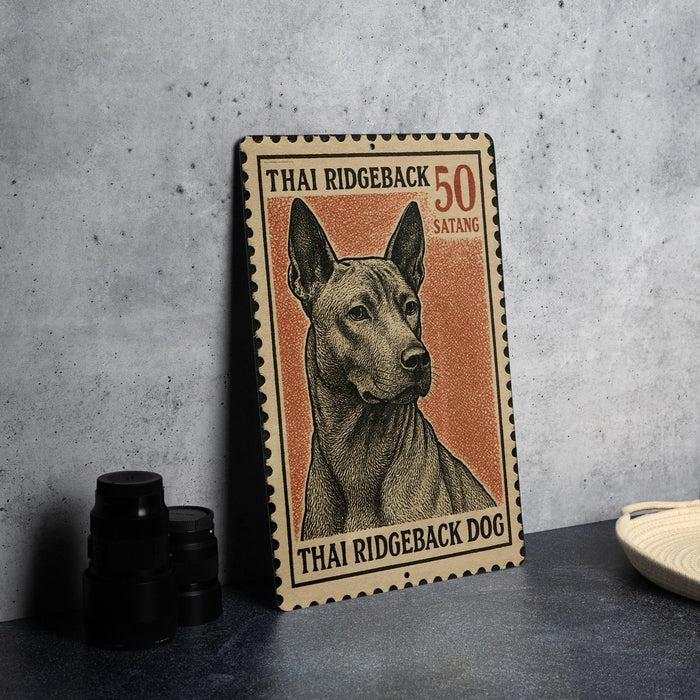 A metal stamp featuring a close-up of a Thai Ridgeback dog, with the text "THAI RIDGEBACK 50 SATANG" printed on it.