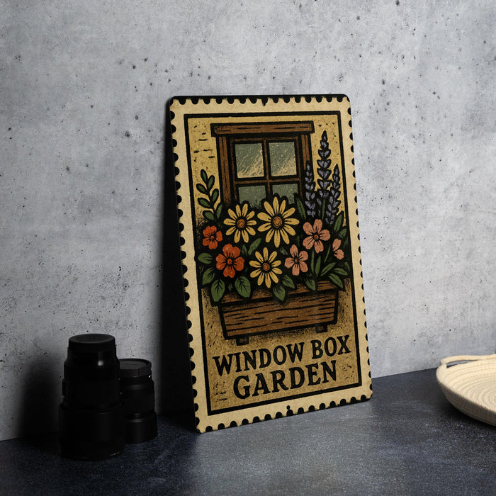 A metal sign with a floral design and the text "WINDOW BOX GARDEN" is displayed on a table, accompanied by a stack of black camera lenses and a white dish.