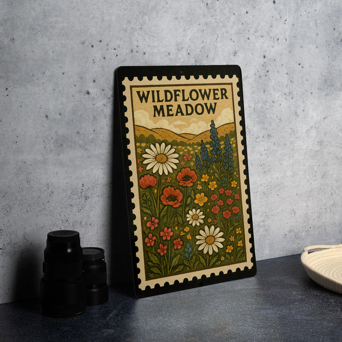 A framed illustration of a wildflower meadow, featuring various colorful flowers and plants, is displayed on a wall.