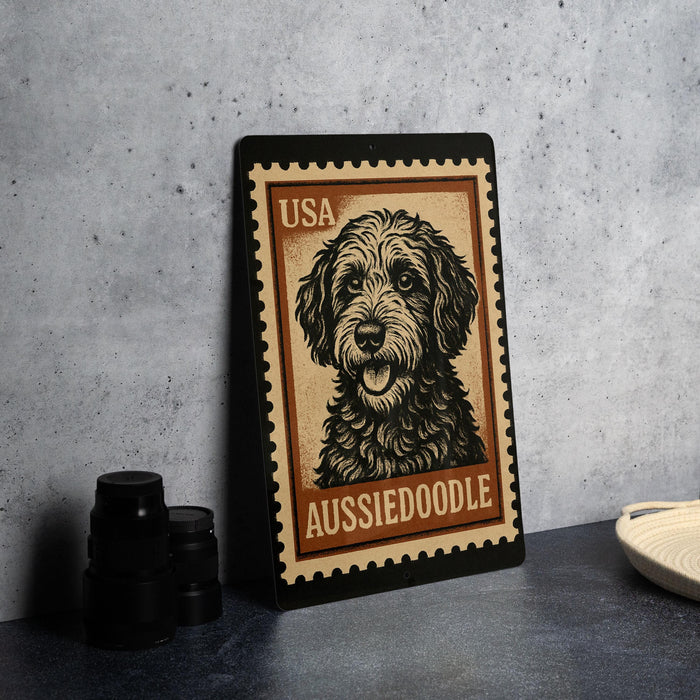 A metal sign featuring a stylized illustration of a dog, with the text "USA AUSSIEDODLE" printed on it.