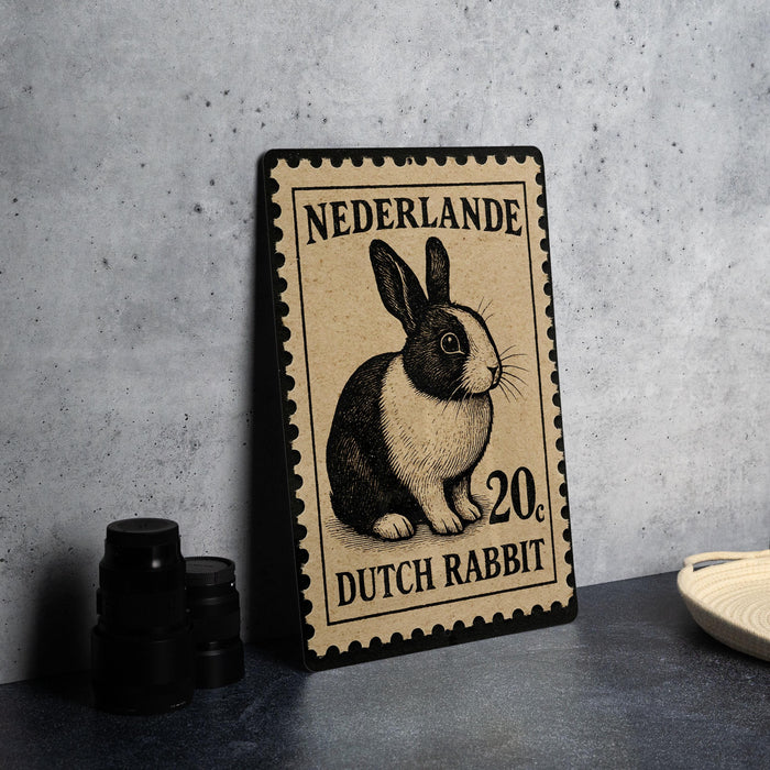 A Dutch postage stamp featuring a black and white illustration of a rabbit, with the text "Nederlande" and "20 Dutch Rabbit" printed on it.