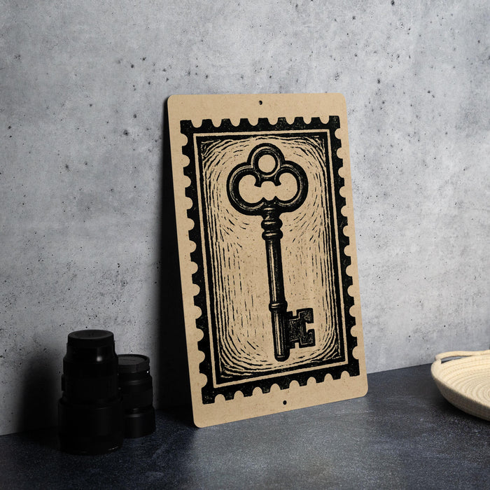 a wooden key on a piece of paper, which is placed on a table next to some black camera lenses.