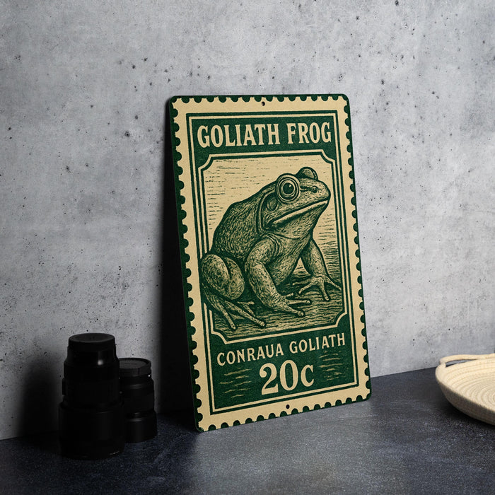 A green and beige postage stamp featuring a detailed illustration of a frog, placed on a gray countertop next to some black camera lenses.