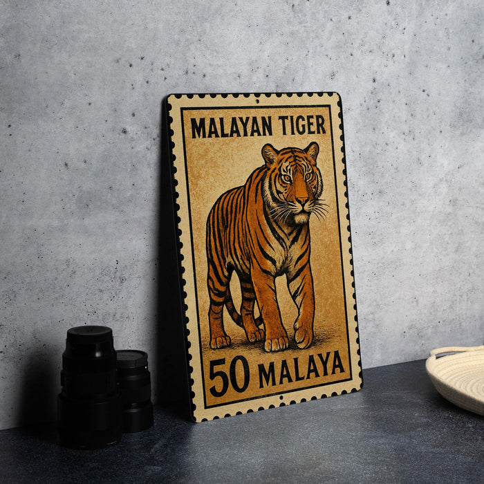 A metal stamp depicting a tiger, with the text "MALAYAN TIGER 50 MALAYA" printed on it.