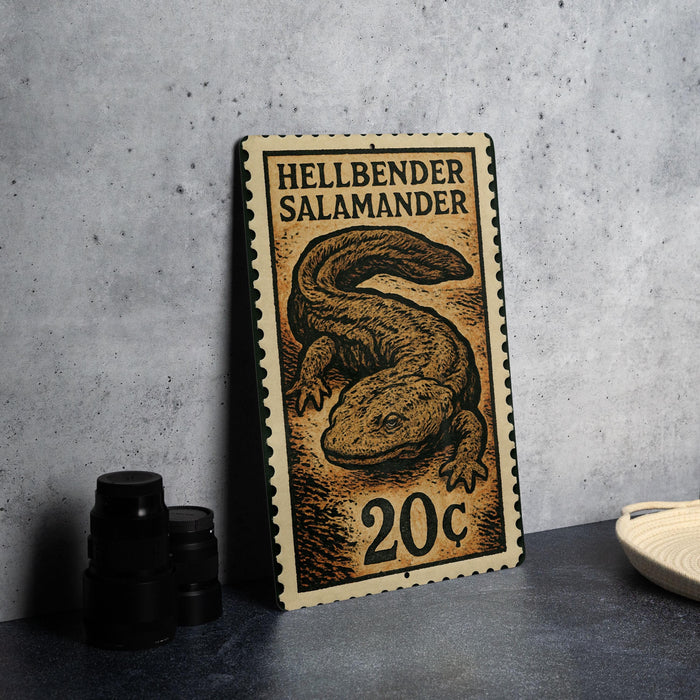 A metal stamp featuring a salamander, with the text "HELLBENDER SALAMANDER" and the denomination "20c".