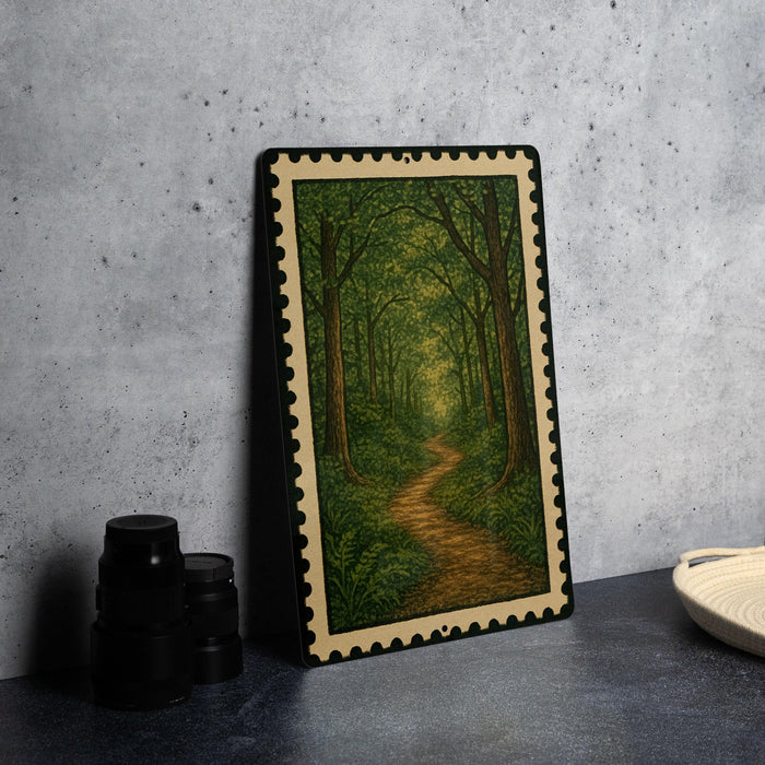 a framed painting of a forest path with a winding trail, placed on a dark surface next to a stack of black camera lenses.