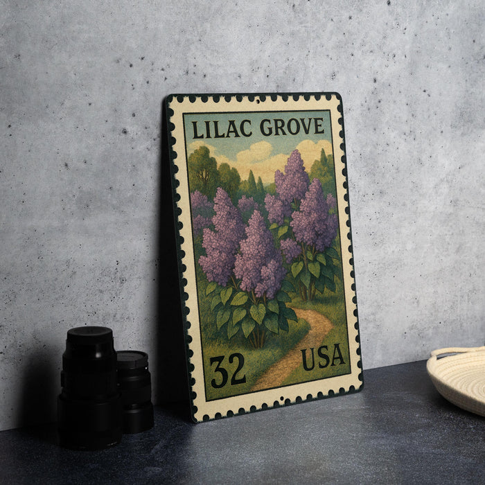 A metal stamp depicting a field of purple flowers, with the text "LILAC GROVE 32 USA" printed on it.