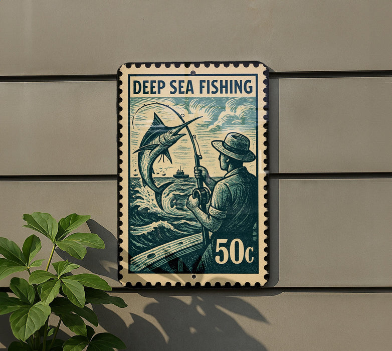 A metal sign with a postage stamp design, featuring a man fishing and a large fish.