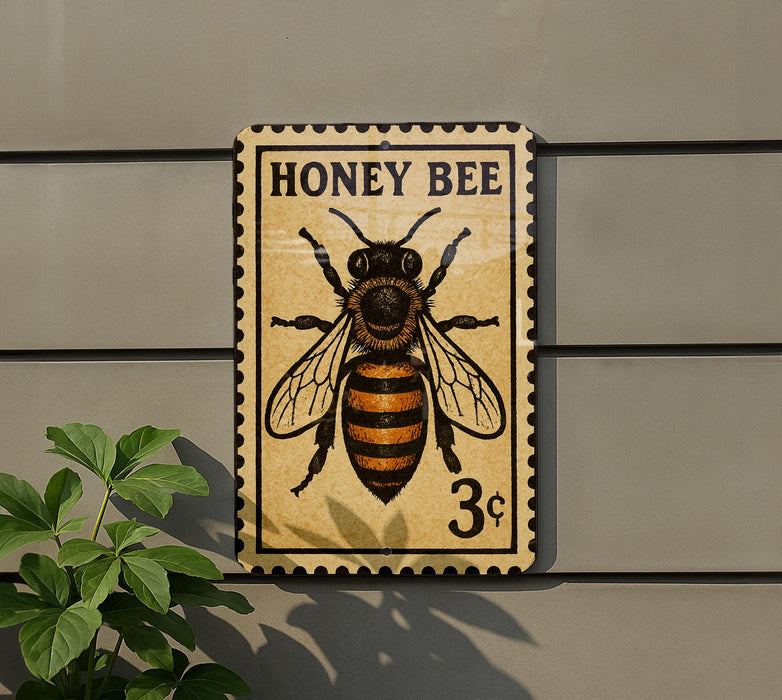 A vintage-style postage stamp featuring a bee, with the text "HONEY BEER" and the value of 3 cents.