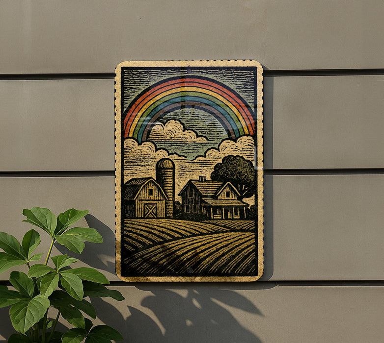 a wooden sign with a colorful illustration of a farm scene, including a barn, fields, and a rainbow in the sky.