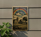 a wooden sign with a colorful illustration of a farm scene, including a barn, fields, and a rainbow in the sky.