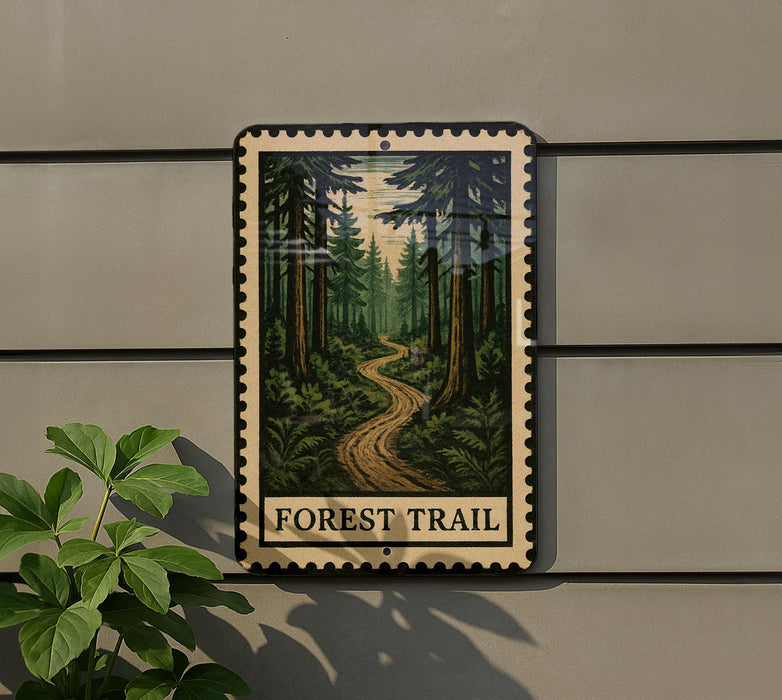 A metal sign with a forest trail painted on it, mounted on a wall next to a plant.
