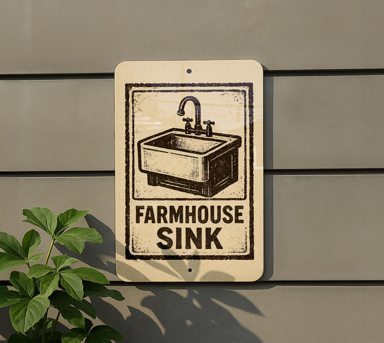 a sign that reads "FARMHOUSE SINK" with a picture of a sink on it.