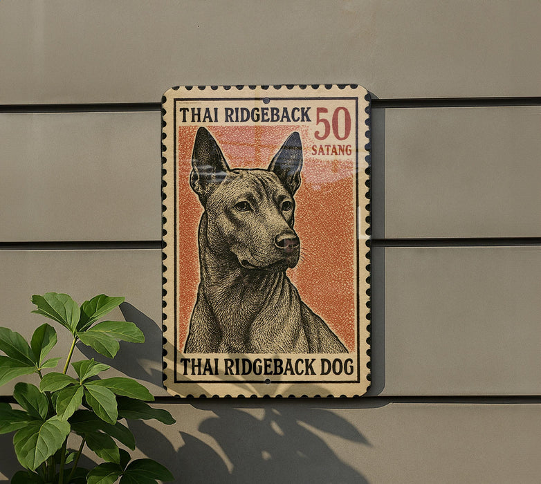 A Thai postage stamp featuring a portrait of a Thai Ridgeback dog, with the text "Thai Ridgeback 50 Satang" printed on it.