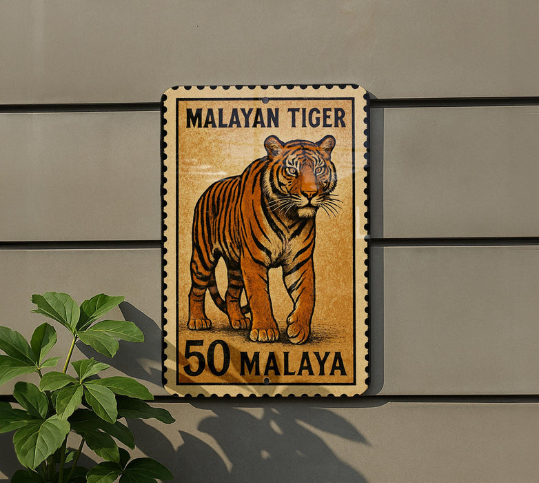 A sign depicting a tiger, with the text "MALAYAN TIGER 50 MALAYA" printed on it.