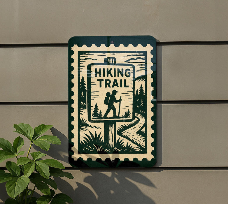 A sign that reads "HIKING TRAIL" is mounted on a wall next to a plant.