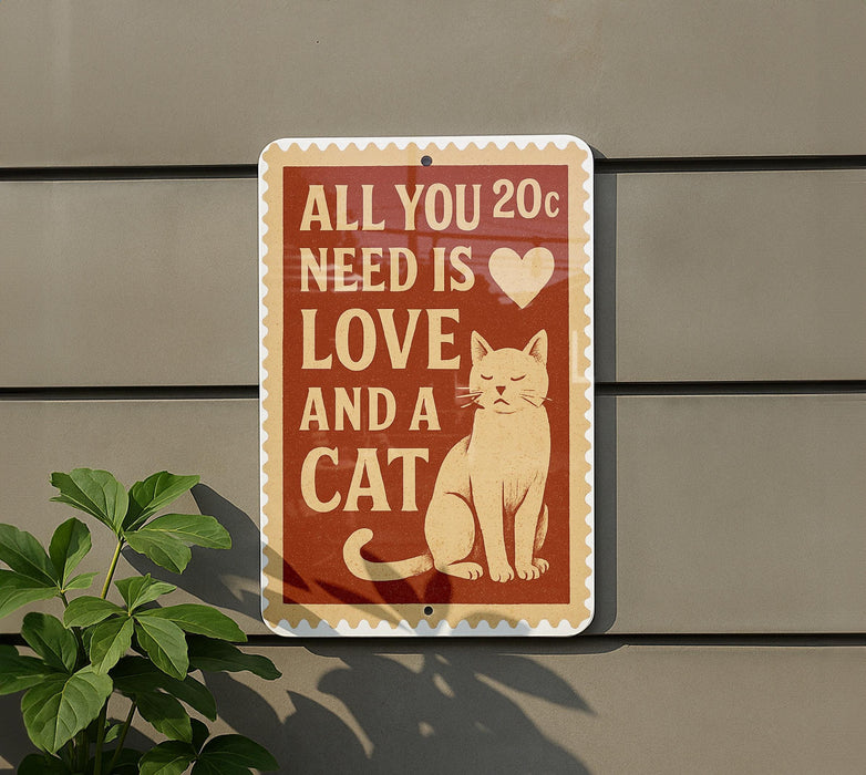 a sign with a cat illustration and text that reads "All you need is love and a cat".