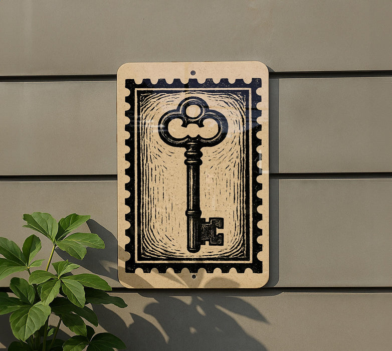 a key-shaped sign on a wall, with a plant to the left of the sign.