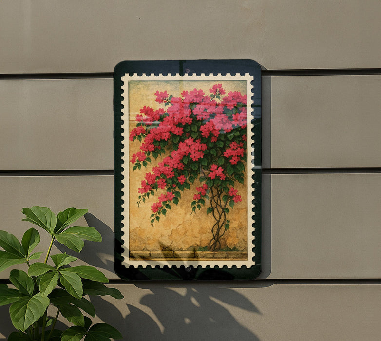 A framed painting of a vibrant floral arrangement is displayed on a wall, with a potted plant visible to the left.