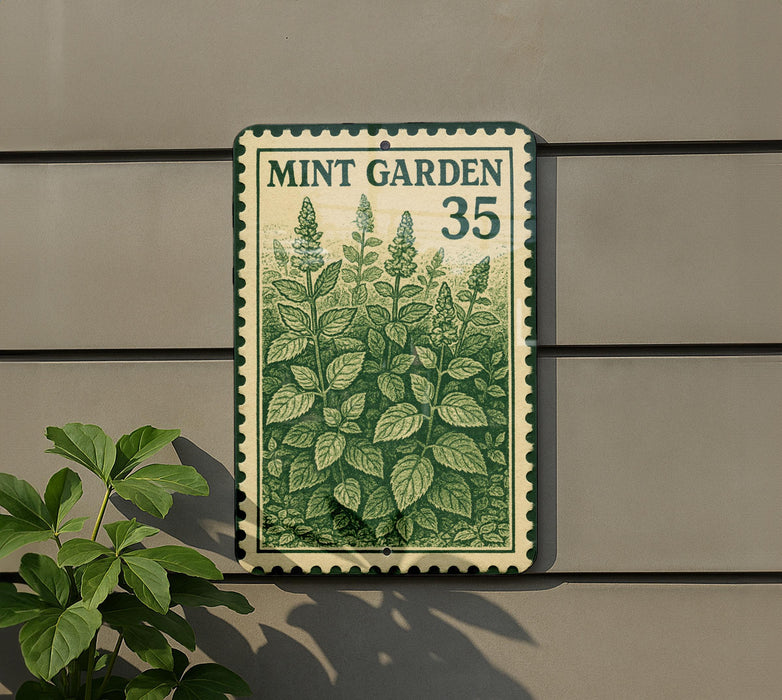 A metal sign with a mint plant illustration is mounted on a wall, with a plant visible to the left.