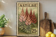 a vintage-style stamp with a floral design, placed on a shelf next to a wooden cutting board and some potted plants.