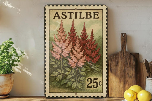 a vintage-style stamp with a floral design, placed on a shelf next to a wooden cutting board and some potted plants.