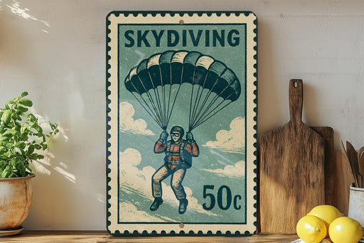 A vintage-style metal sign with a parachute and the number "50c" printed on it, placed on a wooden surface next to a potted plant and a wooden cutting board.