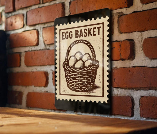 a sign with the word "Egg Basket" on it, mounted on a brick wall.