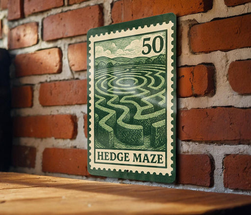 A green and white stamp-like design depicting a hedge maze, mounted on a brick wall.