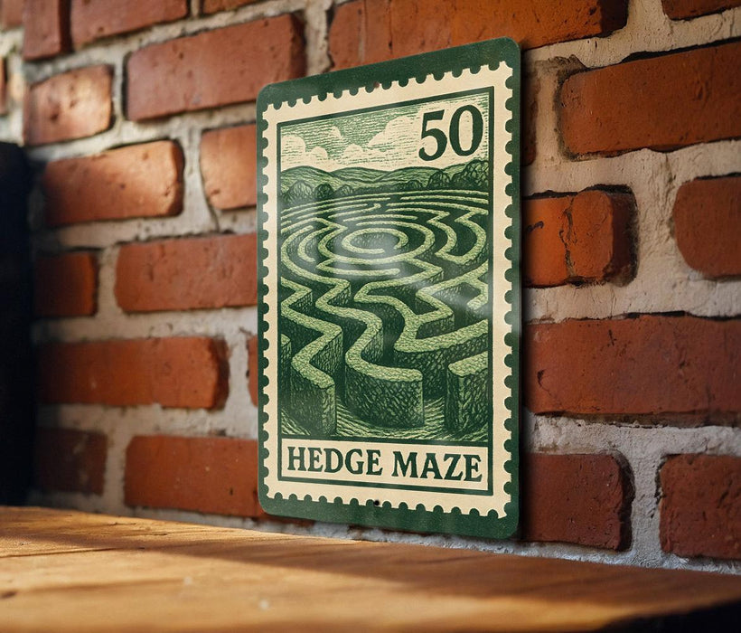 A green and white stamp-like design depicting a hedge maze, mounted on a brick wall.