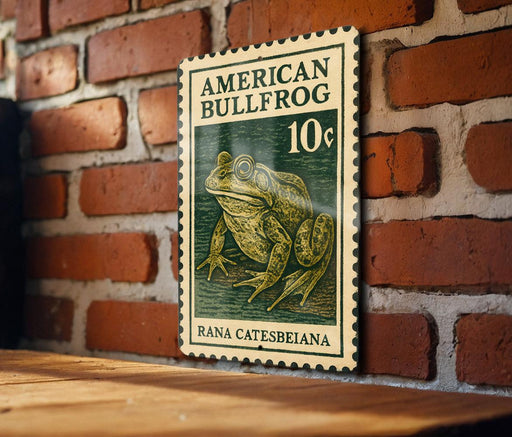 A framed American Bullfrog stamp is displayed on a brick wall, with a wooden table below it.