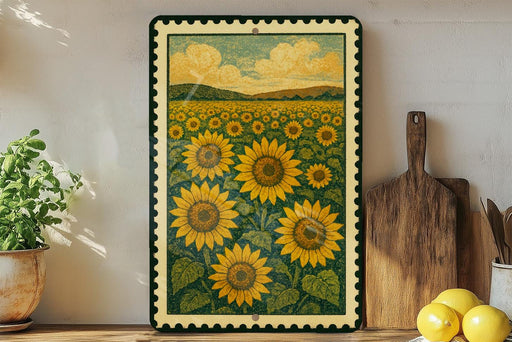 a framed painting of a field of sunflowers, with a wooden cutting board and lemons placed next to it on a shelf.