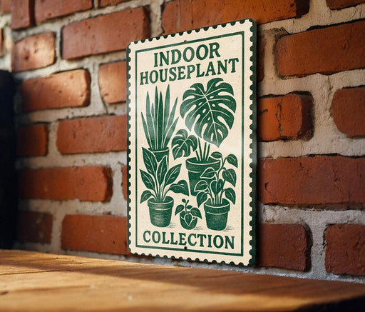 A green and white sign with illustrations of indoor plants is displayed on a brick wall.
