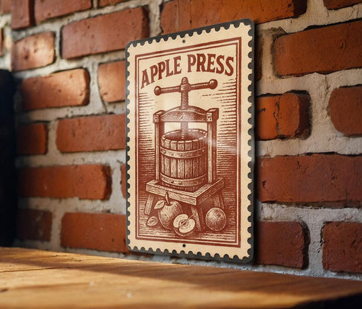 a vintage-style metal sign with the text "APPLE PRESS" and an illustration of an apple press.